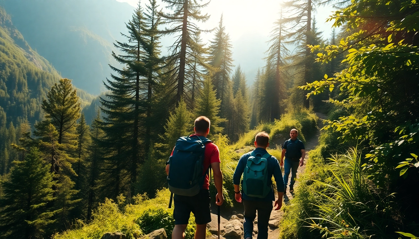 Hiking enthusiasts trekking through vibrant jungle terrain with scenic mountain views, capturing the adventure and natural beauty of hiking in Indonesia.