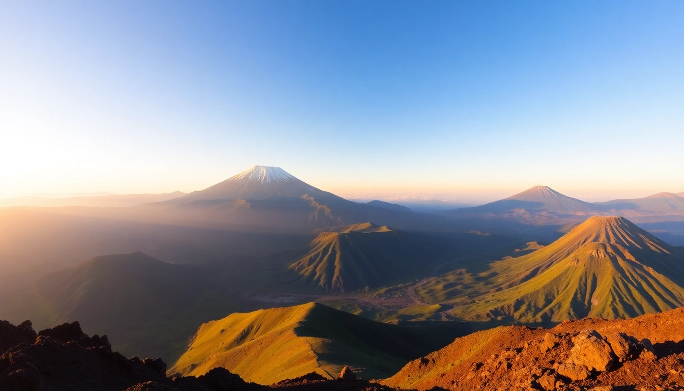 Majestic Mount Rinjani erupting with volcanic activity, lush forests below, sunrise lighting emphasizing its grandeur.