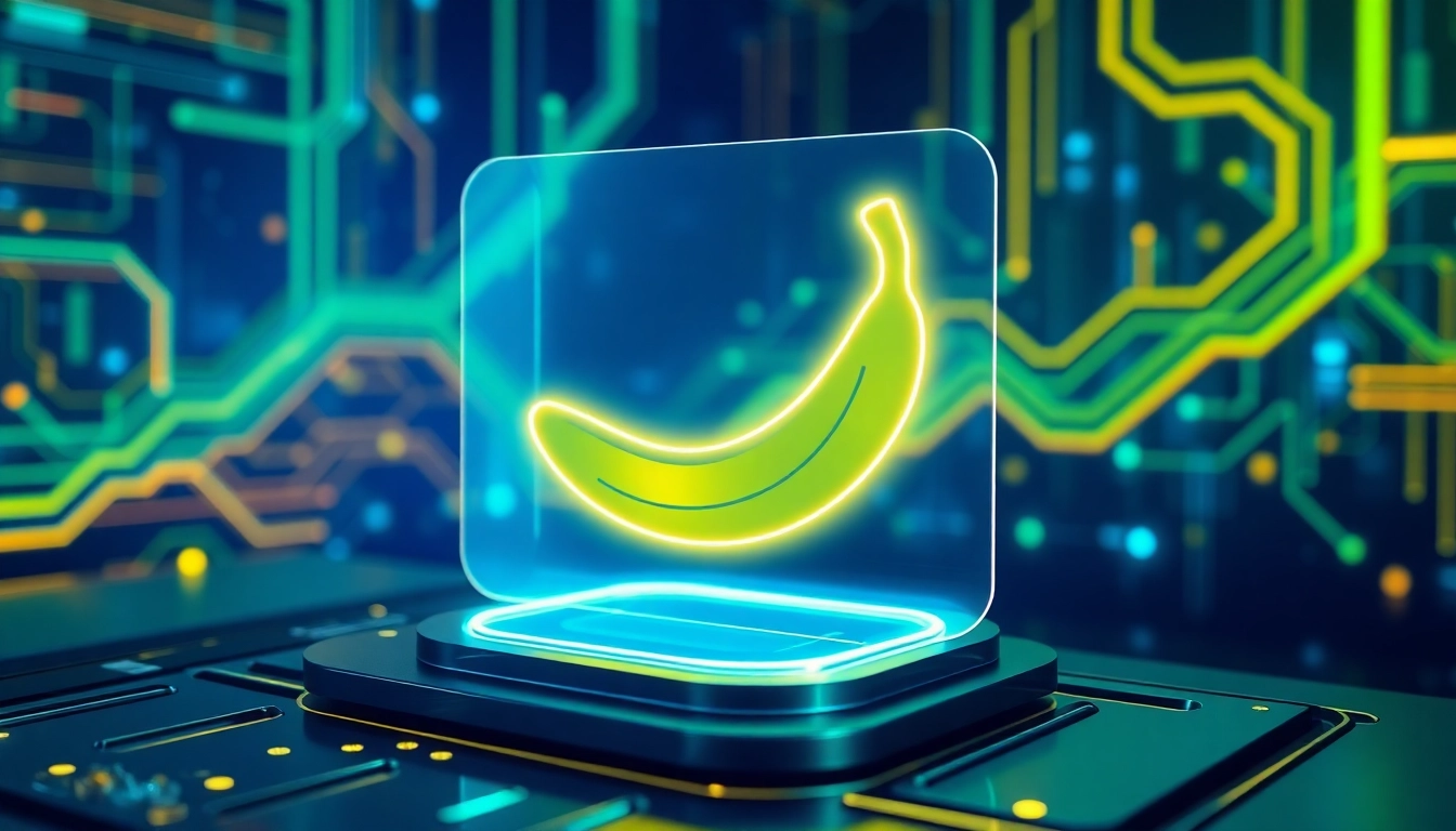 Futuristic AI interface with a glowing banana icon and holographic data streams in a high-tech setting.