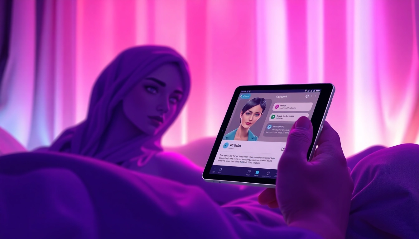 A futuristic device displaying an AI chat interface with a customizable avatar, set in a warmly lit, intimate environment.