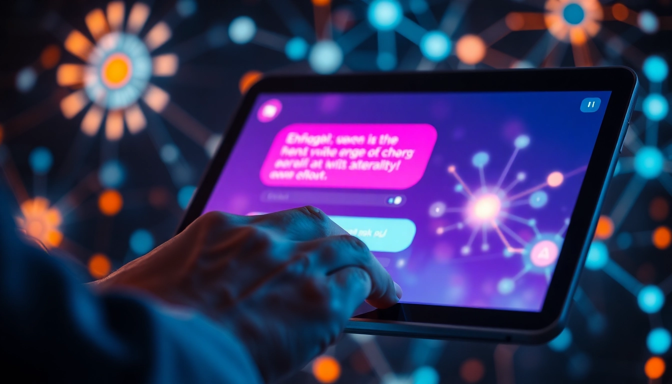 A person engaging with an AI chat interface on a smartphone, with digital neural network visuals in the background.