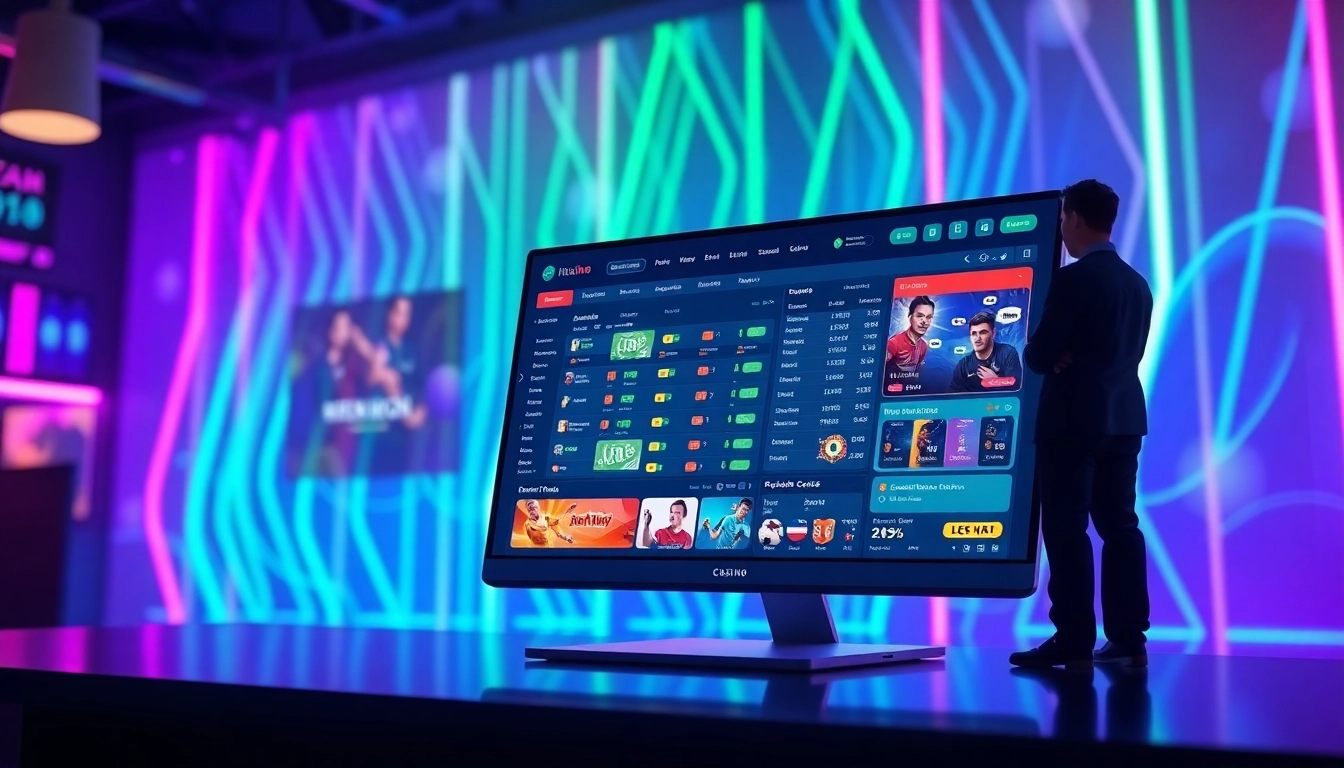An illustration of an online sportsbook and casino platform on a computer screen with vibrant neon lights and betting graphics.