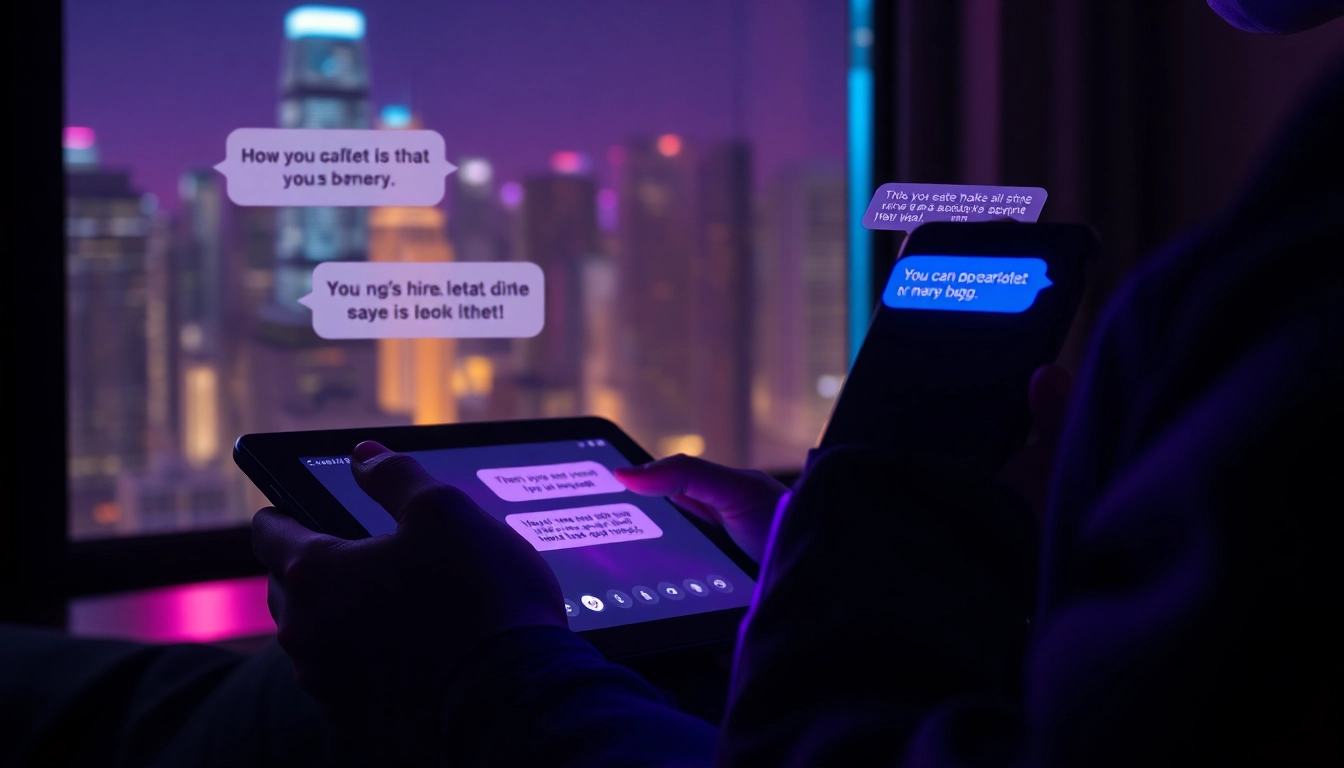 Close-up of a tablet and smartphone displaying a provocative AI chat interface with neon lighting effects in a dark room.