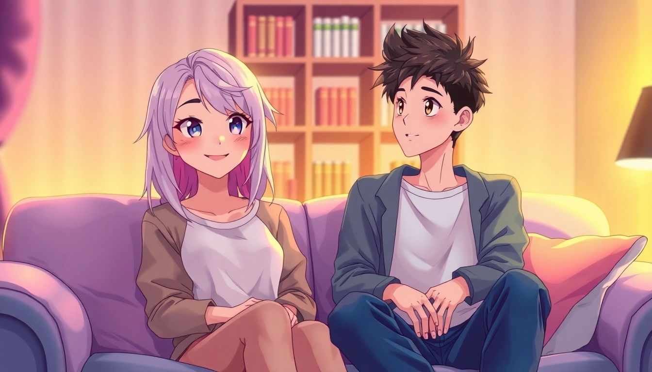 Anime-style characters having a cozy conversation in a warmly lit room.