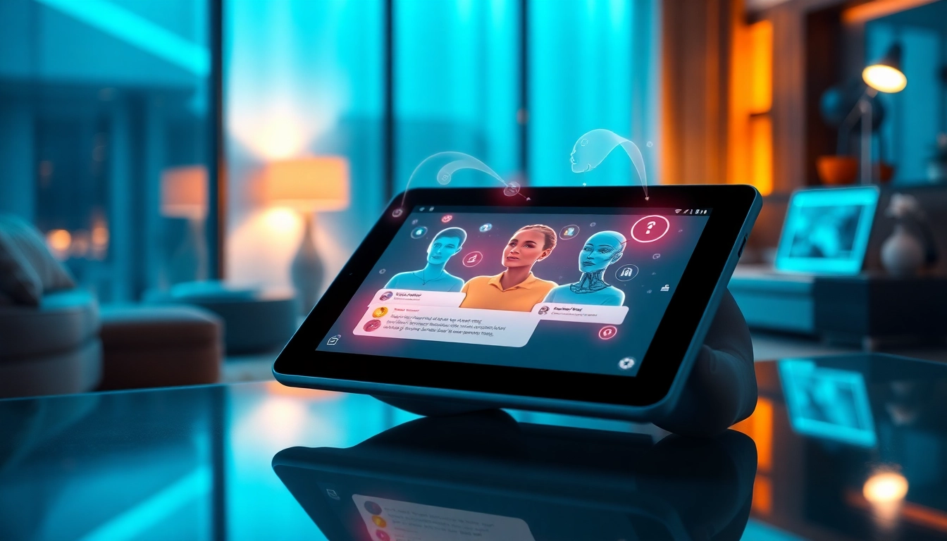 Futuristic digital chat interface with AI characters on a tablet screen in a modern room