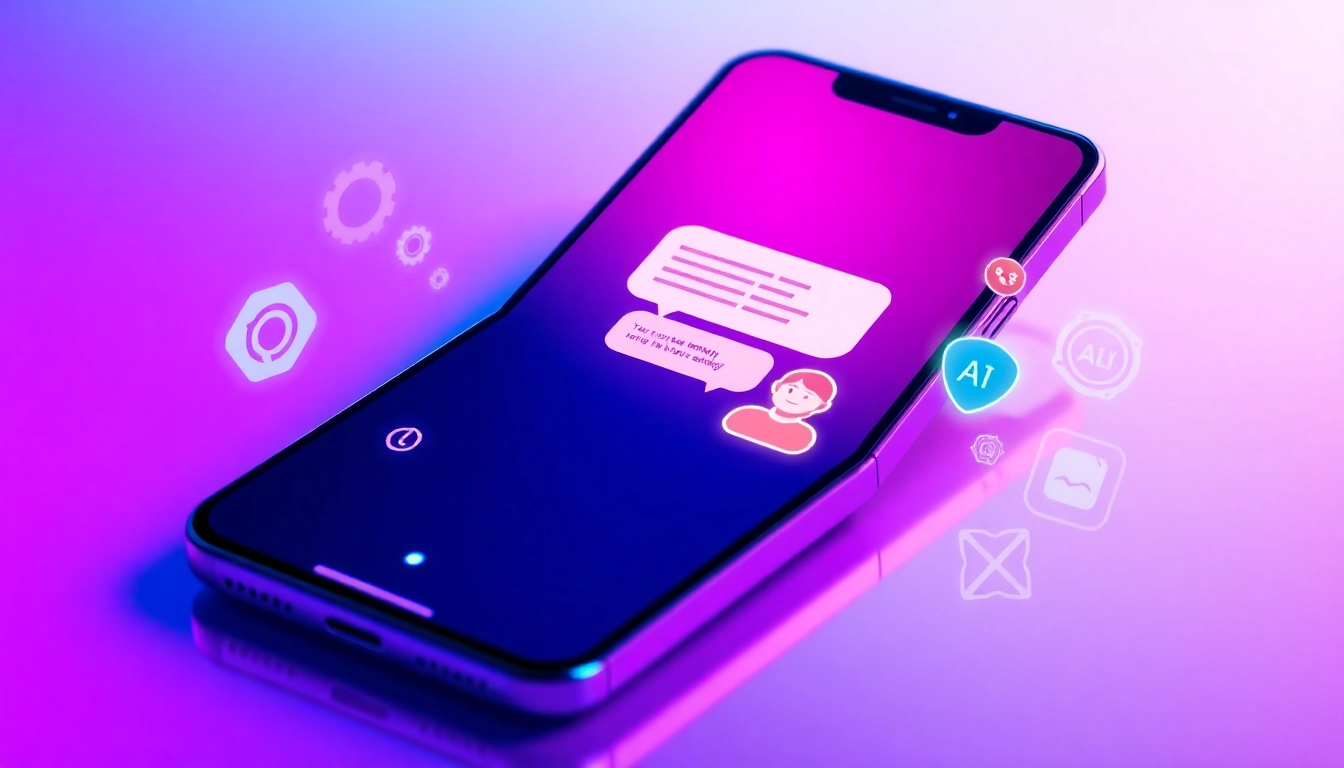Futuristic smartphone displaying an AI chatbot conversation with glowing neon elements and holographic graphics.