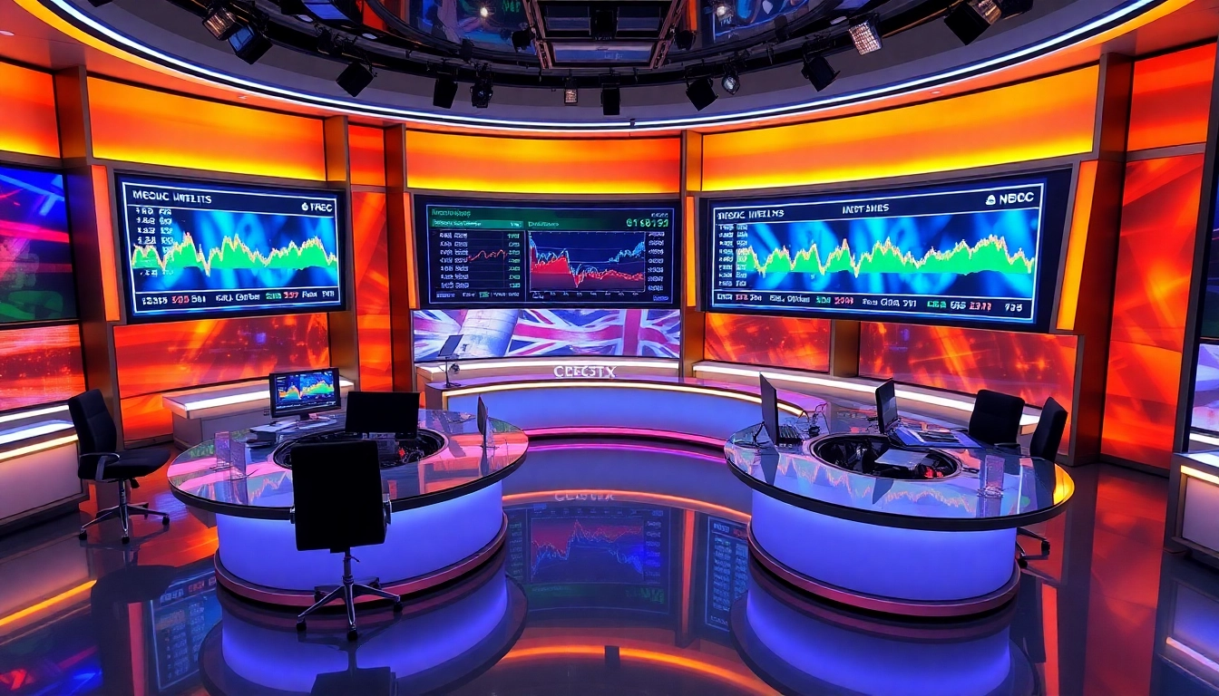 UK Investment News updates featured on multiple financial news screens in a busy newsroom setting