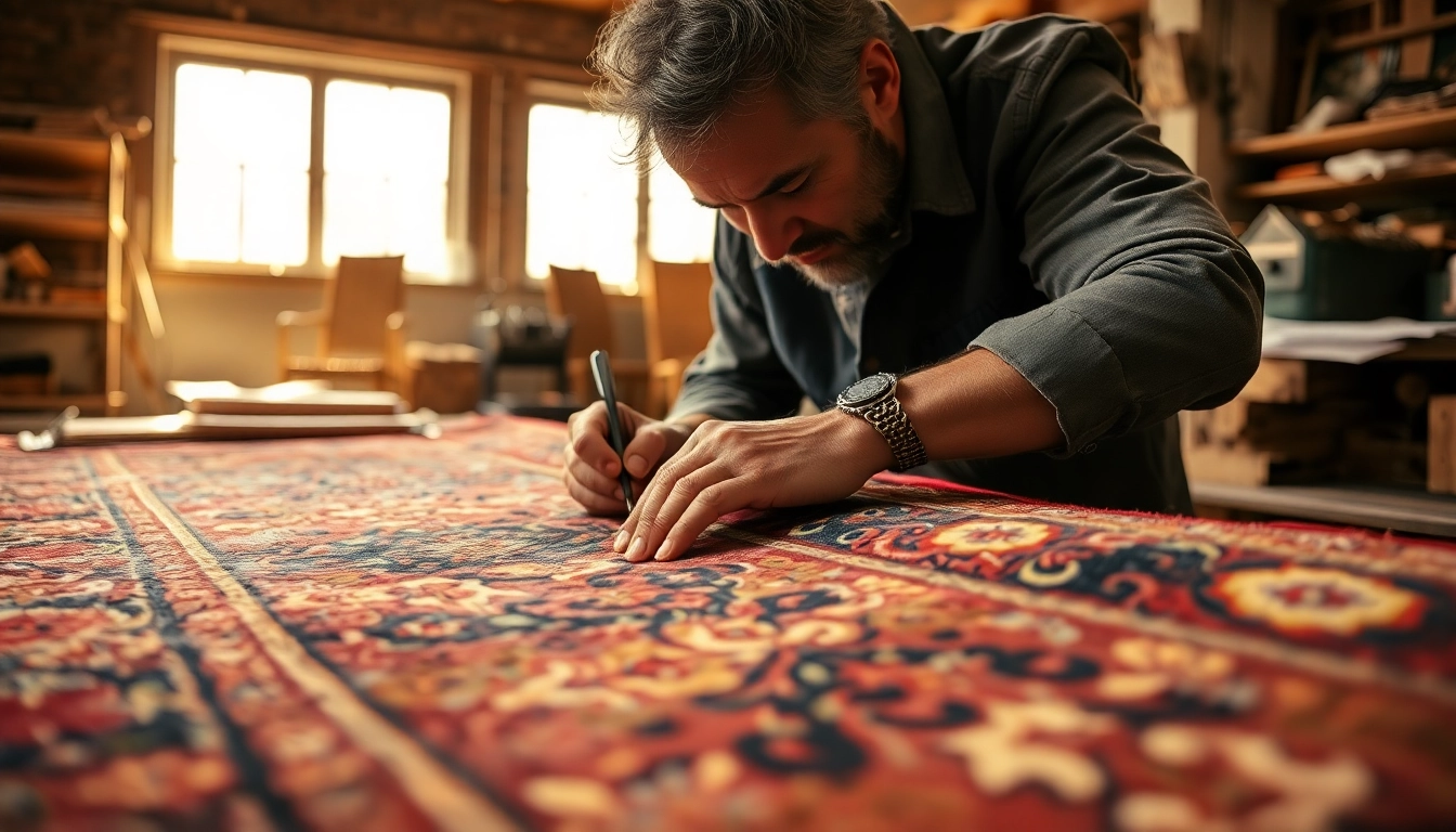 Professional team performing Restauro Tappeti Milano on an ancient oriental rug with precise
