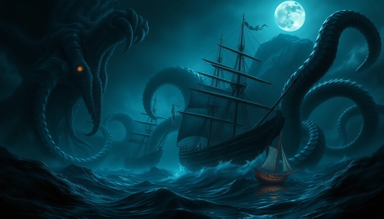 Kraken depicted as a giant tentacled creature attacking a ship at night, highlighting legendary