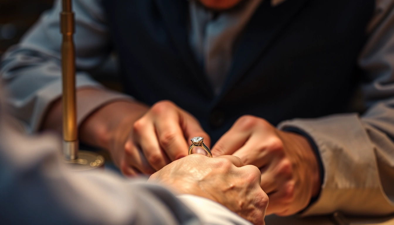 Engagement ring production process showing skilled jeweler crafting a ring with precision
