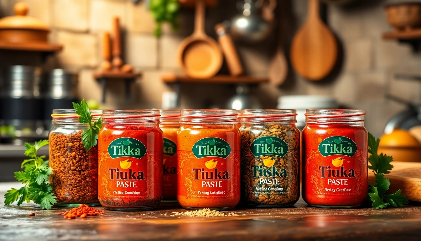 Tikka Paste arranged with spices and herbs in a rustic kitchen, showcasing vibrant colors and