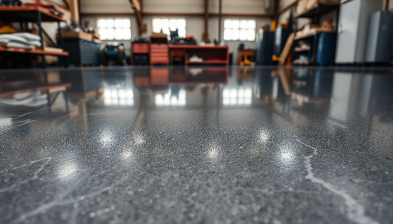 Professional epoxy resin floor installation showcasing a shiny, durable epoxy surface in a